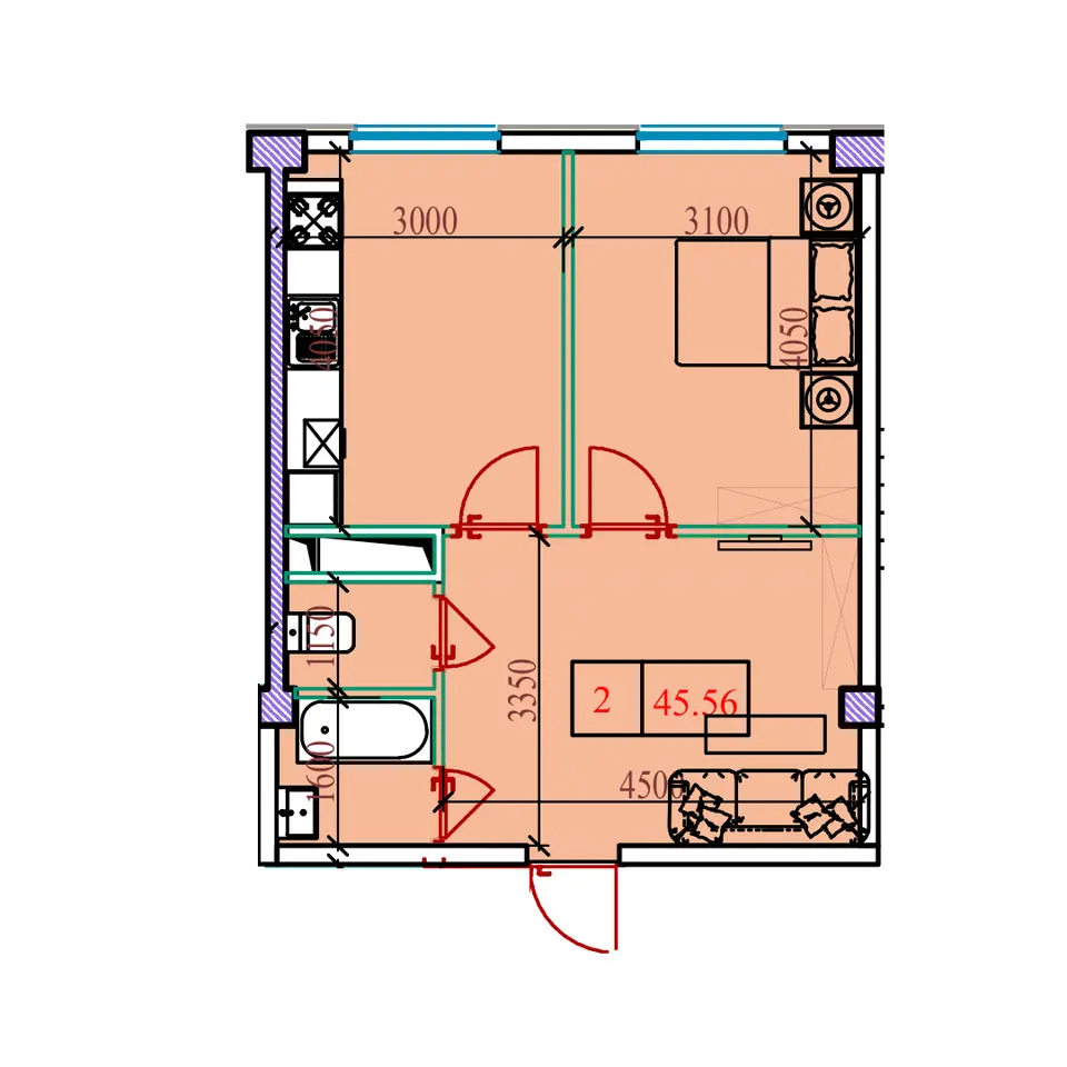 Planirovka — 2 xonali · 45,56 m²