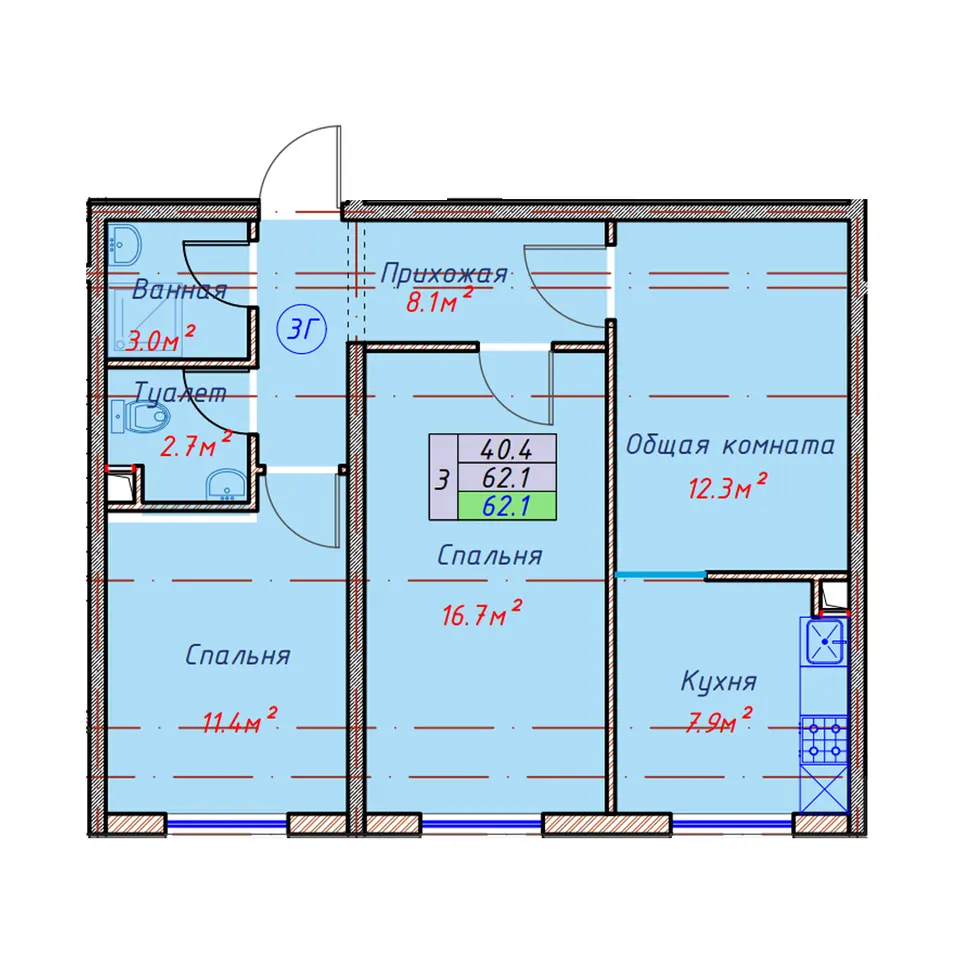 Planirovka — 3 xonali · 62,1 m²