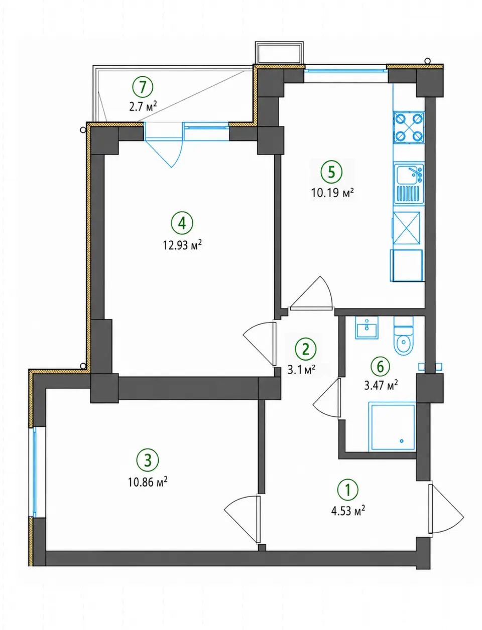 Planirovka — 2 xonali · 47,78 m²