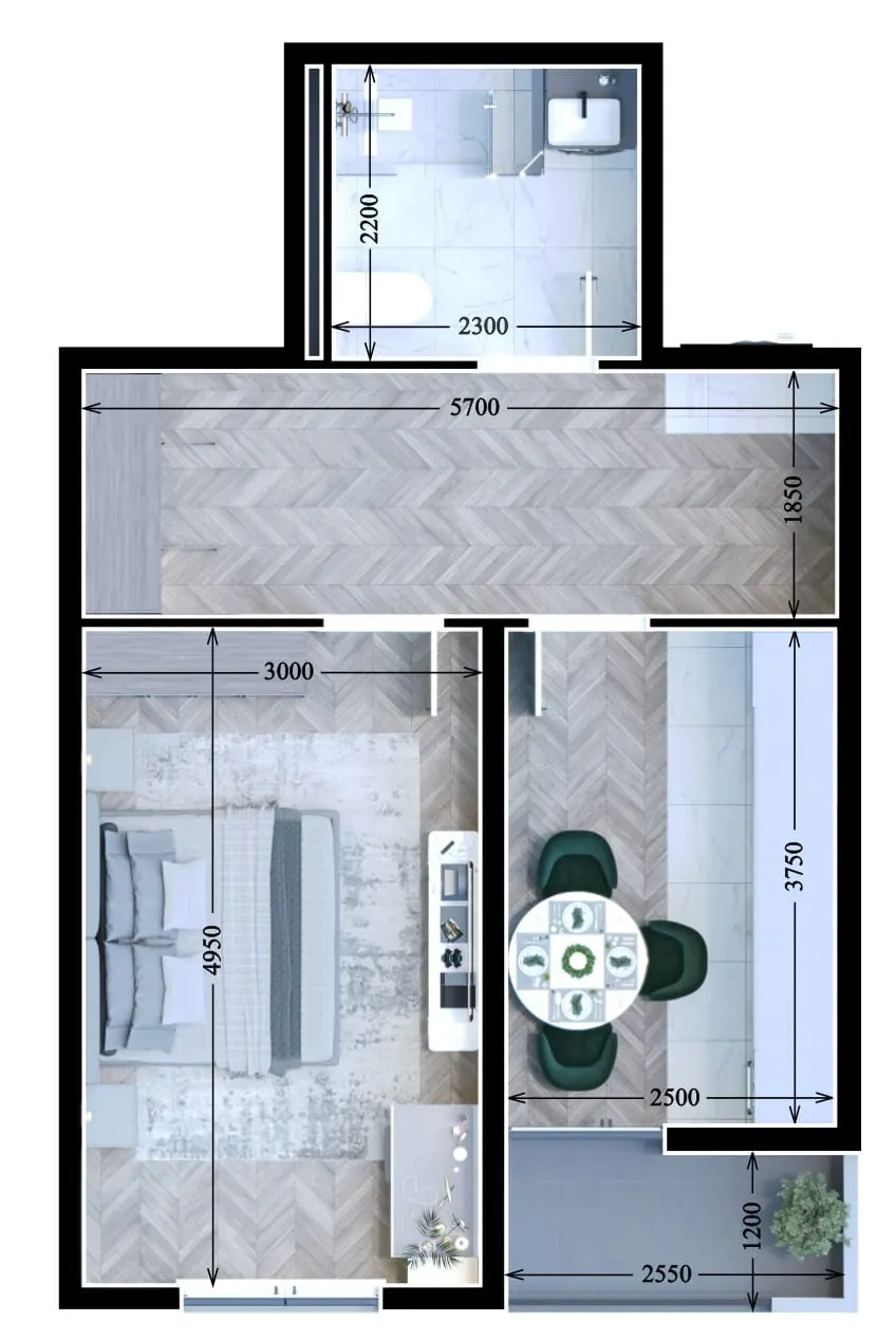 Planirovka — 1 xonali · 45,33 m²