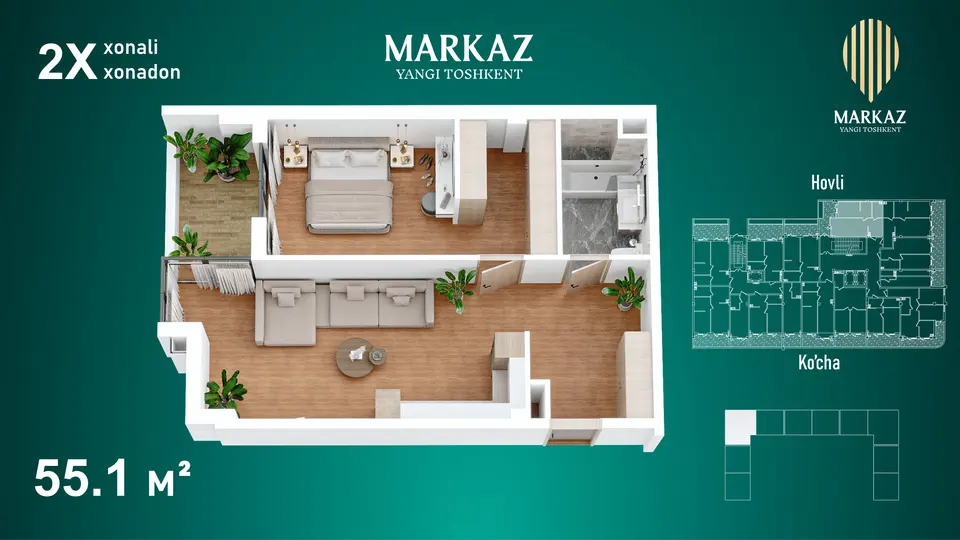 Planirovka — 2 xonali · 55,1 m²