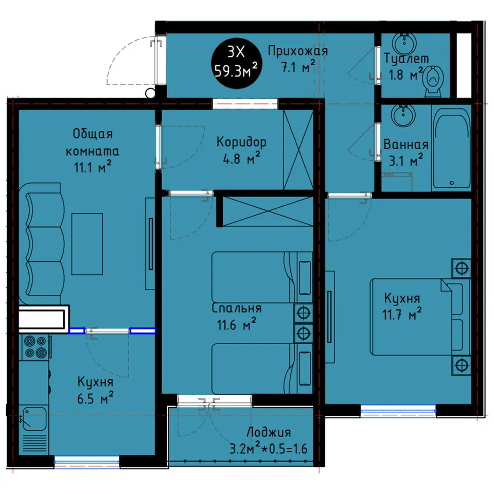 Planirovka — 3 xonali · 59,3 m²
