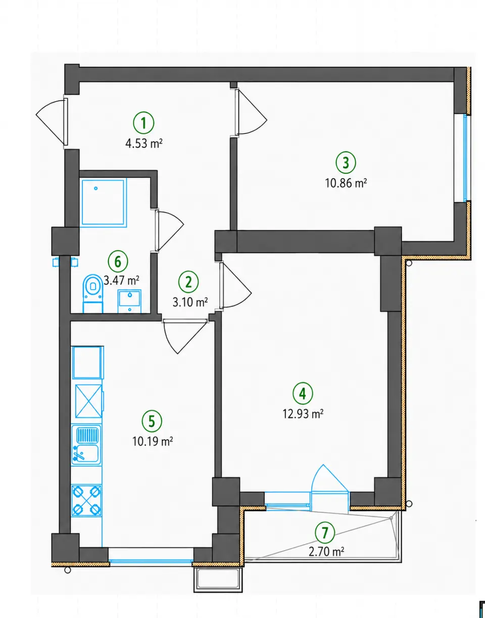 Planirovka — 2 xonali · 47,78 m²
