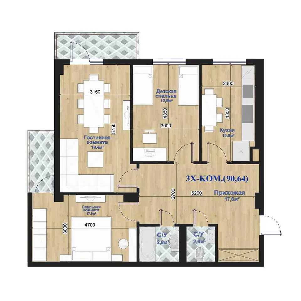 Planirovka — 3 xonali · 90,64 m²