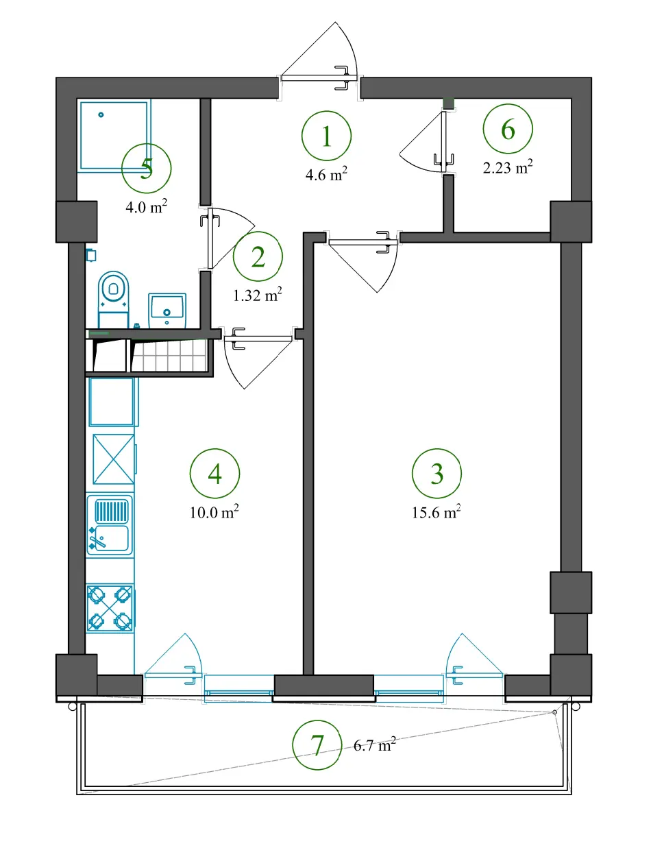 Planirovka — 1 xonali · 44,45 m²