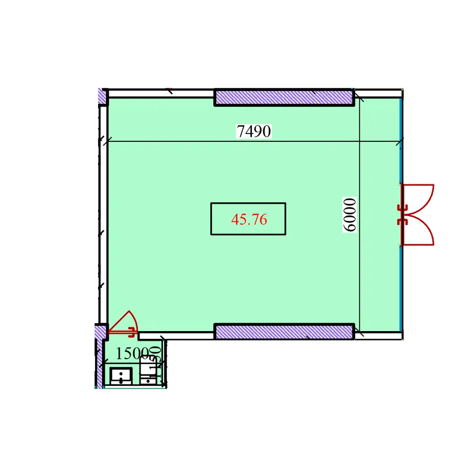 Планировка — 1-комнатная · 45,76 м²