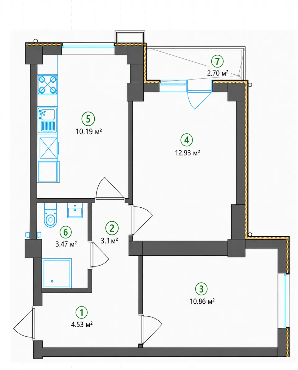 Planirovka — 2 xonali · 47,78 m²
