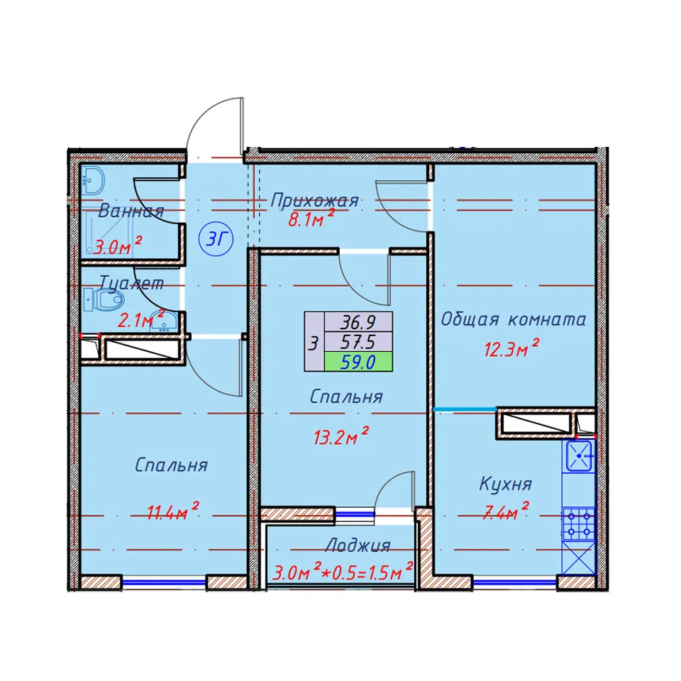 Planirovka — 3 xonali · 59 m²