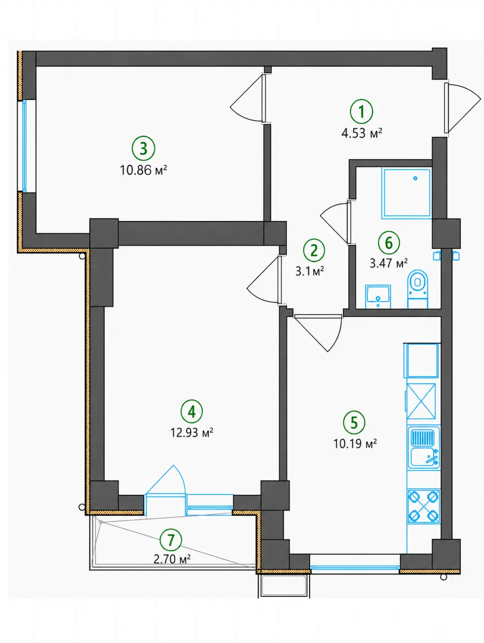 Planirovka — 2 xonali · 47,78 m²