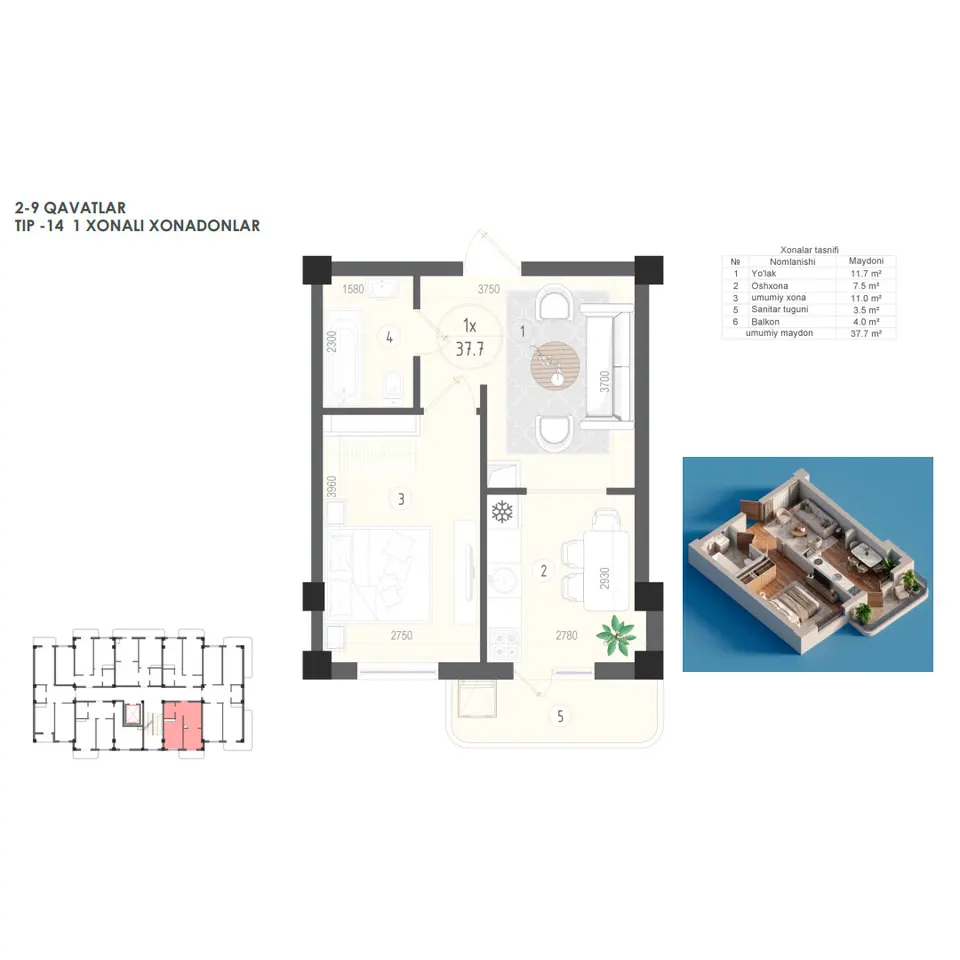 Planirovka — 1 xonali · 37,7 m²