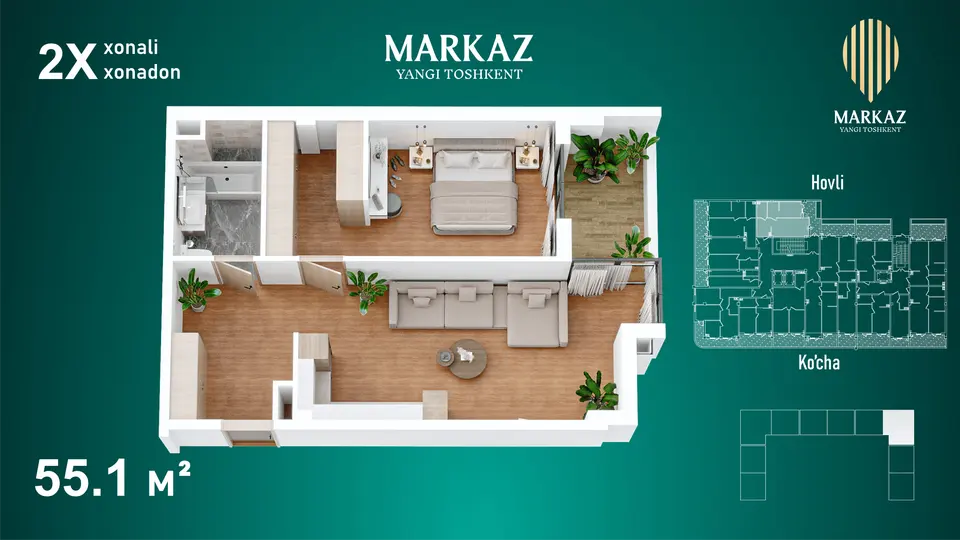 Planirovka — 2 xonali · 55,1 m²
